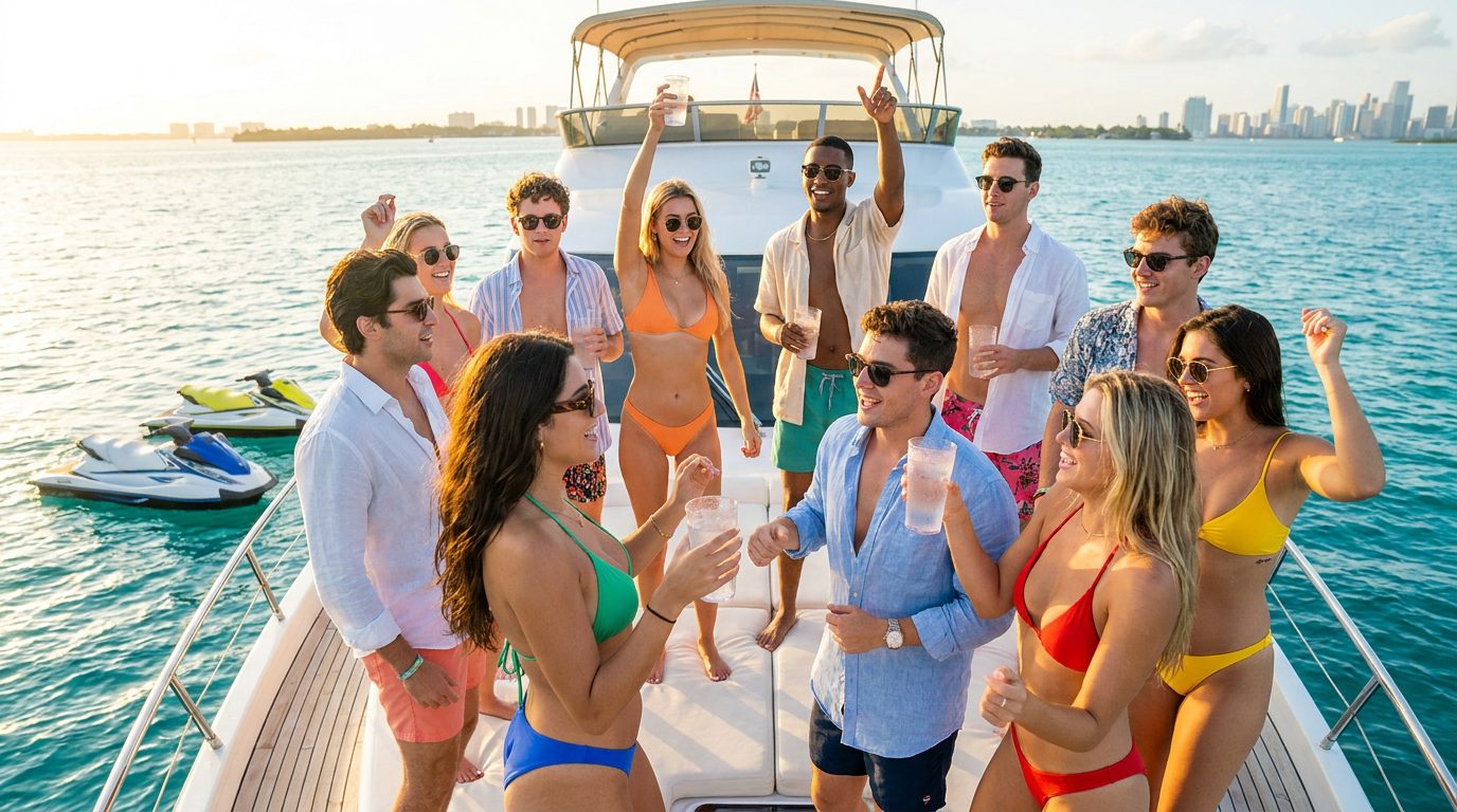 Young team celebrating on a yacht