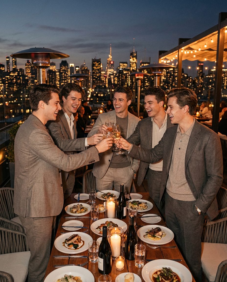 Crew at an upscale rooftop dinner